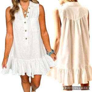 Fate Sleeveless V-Neck Collared Linen Blend Flounce Off White Dress Size M